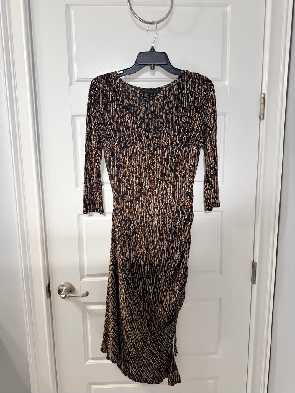 BCBGMaxAzria Black and Brown Patterned Long Sleeve Midi Dress